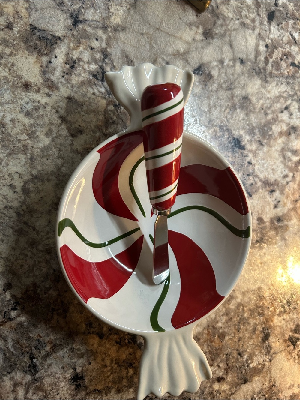 Longaberger Red, Green and White Candy-Stripe Dip Bowl with Spreader